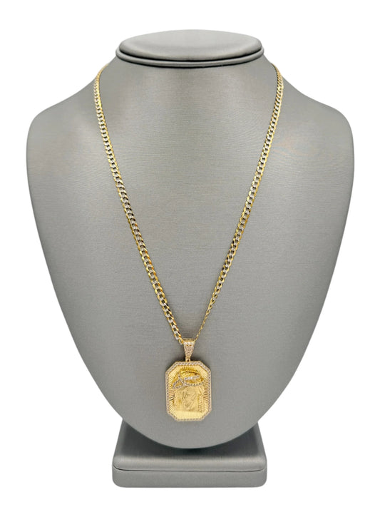 New 14K CZ Jesus Pendant & Solid Two Tone Cuban Chain